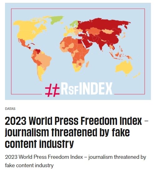 국경없는기자회(RSF)가 발표한 '2023 세계 언론 자유 지수' 보고서 (RSF 홈페이지 갈무리)
