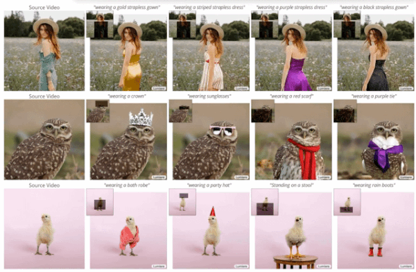 구글의 영상 생성 인공지능 모델 '르미에르'를 활용해 원본 이미지의 옷을 변경한 사례. 가장 왼쪽이 원본 (루미에르 공개 깃허브 갈무리) 2024.01.26 /뉴스1